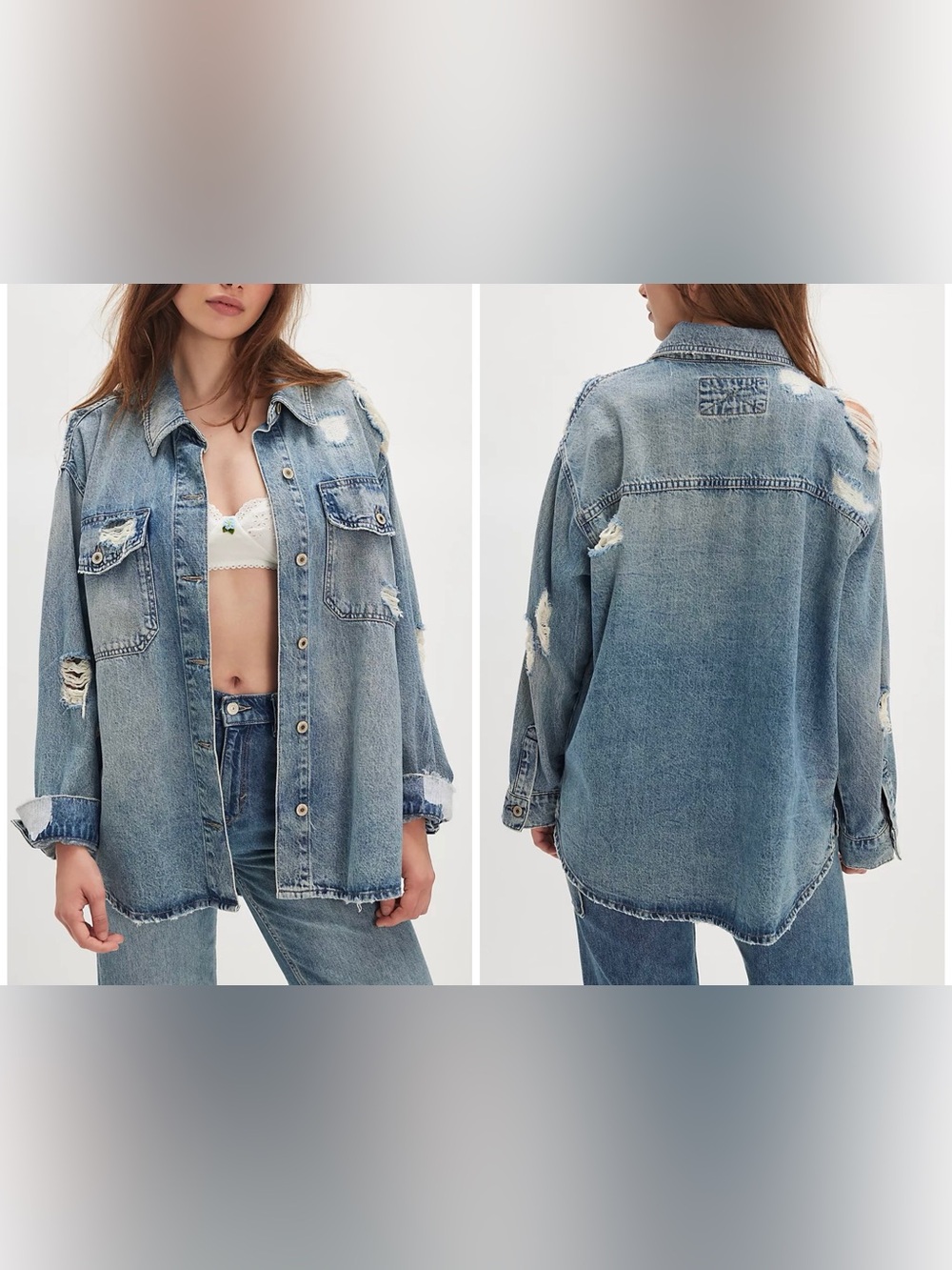 NWT Free People We The Free Distressed Denim Shirt- Distressed Light Denim - XS